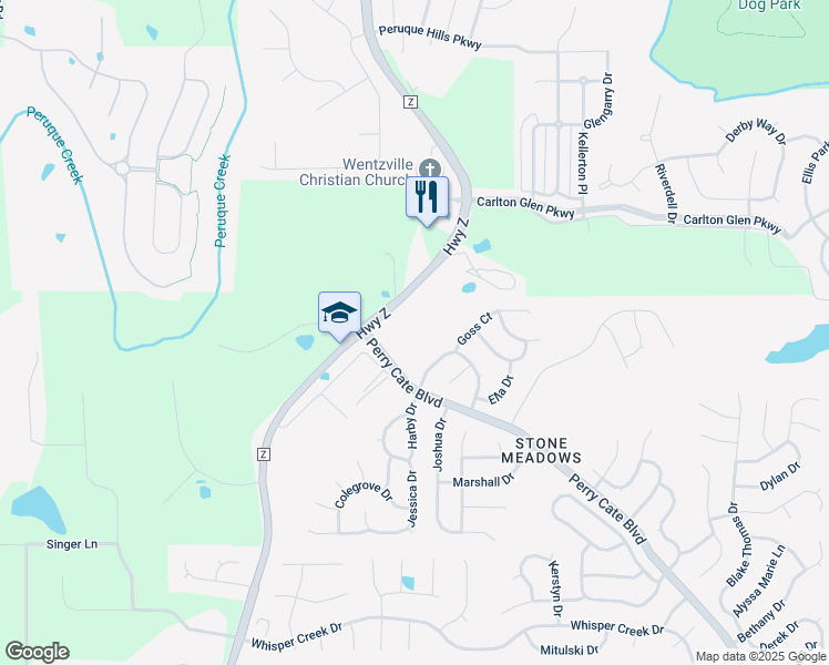 map of restaurants, bars, coffee shops, grocery stores, and more near 110 Perry Cate Boulevard in Wentzville