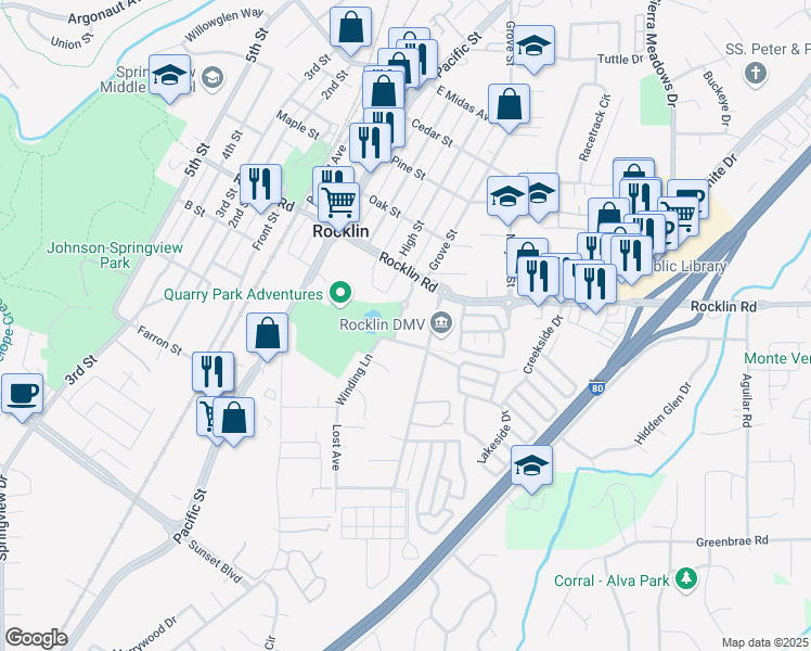 map of restaurants, bars, coffee shops, grocery stores, and more near 4080 Rocklin Road in Rocklin