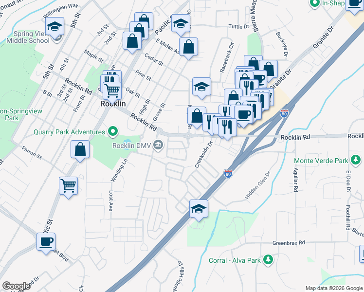 map of restaurants, bars, coffee shops, grocery stores, and more near 4009 Burchard Way in Rocklin