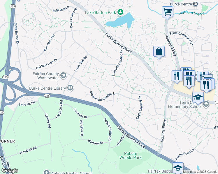 map of restaurants, bars, coffee shops, grocery stores, and more near 10607 Battalion Landing Court in Burke