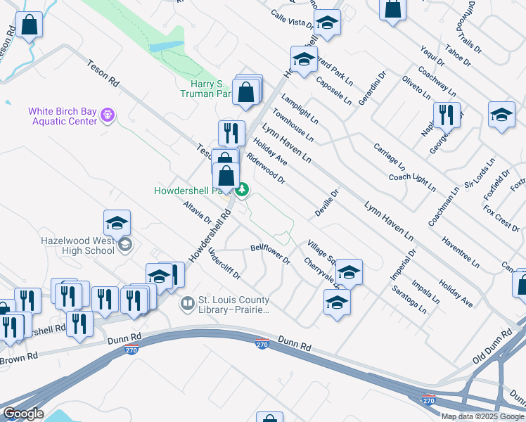 map of restaurants, bars, coffee shops, grocery stores, and more near 6810 Howdershell Road in Hazelwood