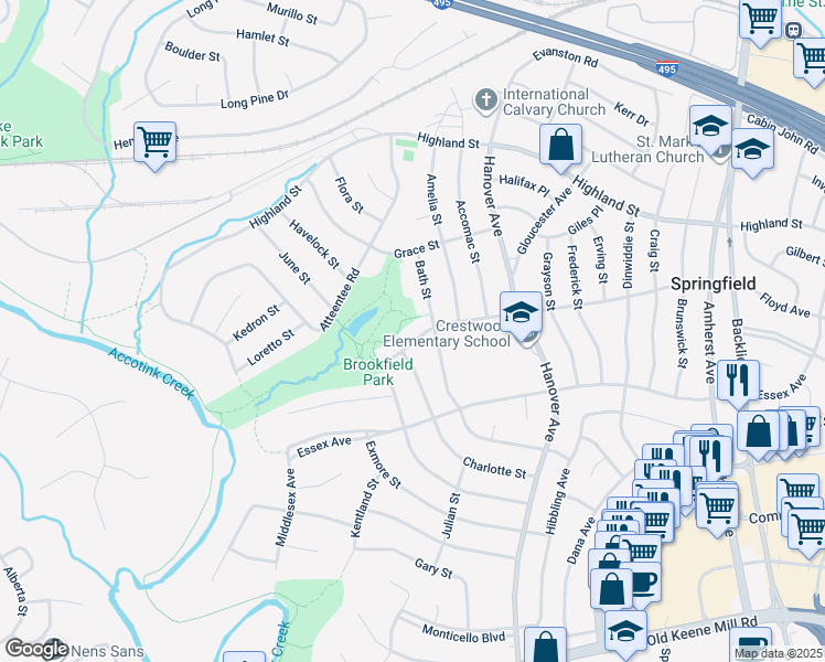 map of restaurants, bars, coffee shops, grocery stores, and more near 7405 Floyd Avenue in Springfield
