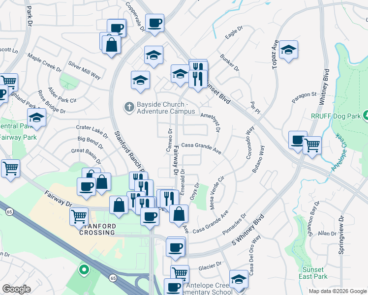 map of restaurants, bars, coffee shops, grocery stores, and more near 3751 Aurora Loop in Rocklin