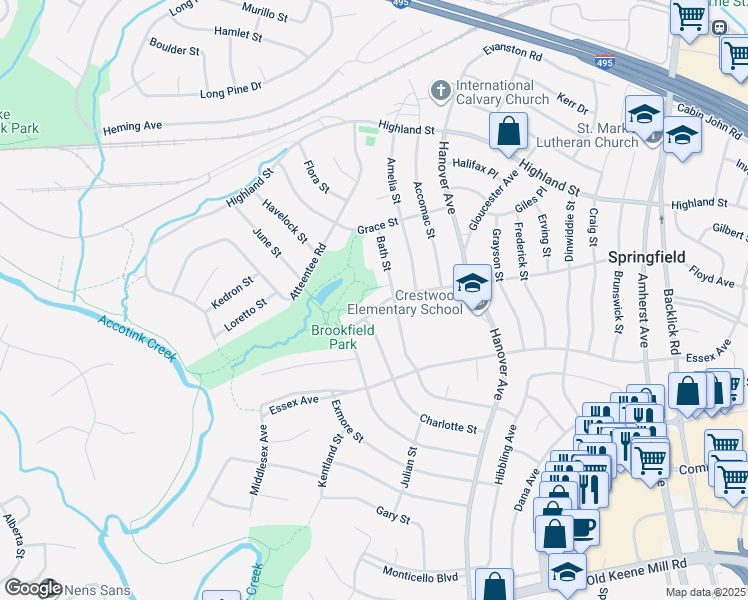 map of restaurants, bars, coffee shops, grocery stores, and more near 7405 Floyd Avenue in Springfield