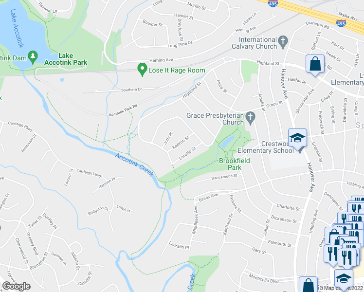 map of restaurants, bars, coffee shops, grocery stores, and more near 5957 Kedron Street in Springfield