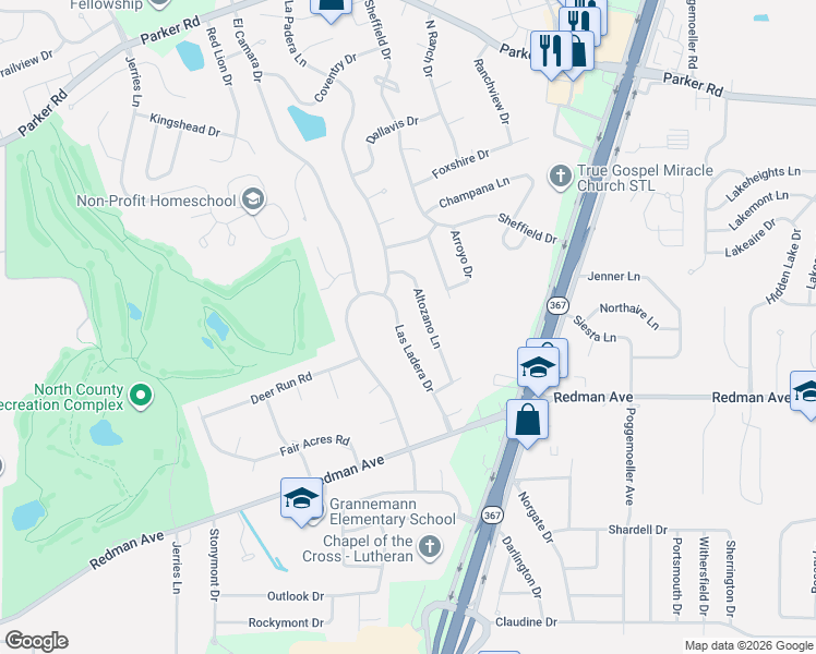 map of restaurants, bars, coffee shops, grocery stores, and more near 11613 Altozano Lane in Florissant