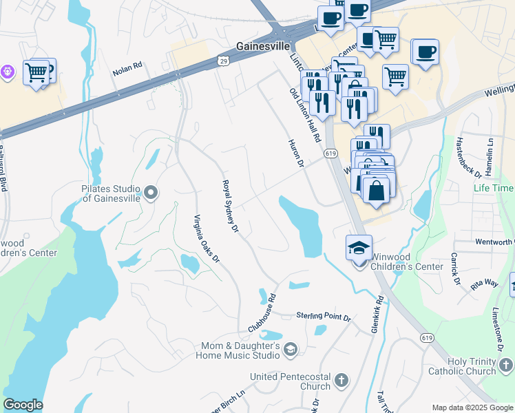 map of restaurants, bars, coffee shops, grocery stores, and more near 7802 Ontario Road in Gainesville