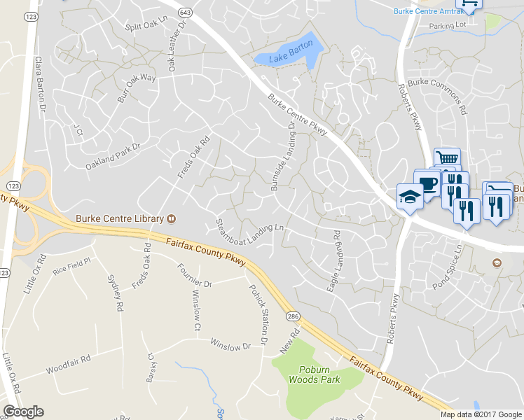map of restaurants, bars, coffee shops, grocery stores, and more near 10607 Battalion Landing Court in Burke