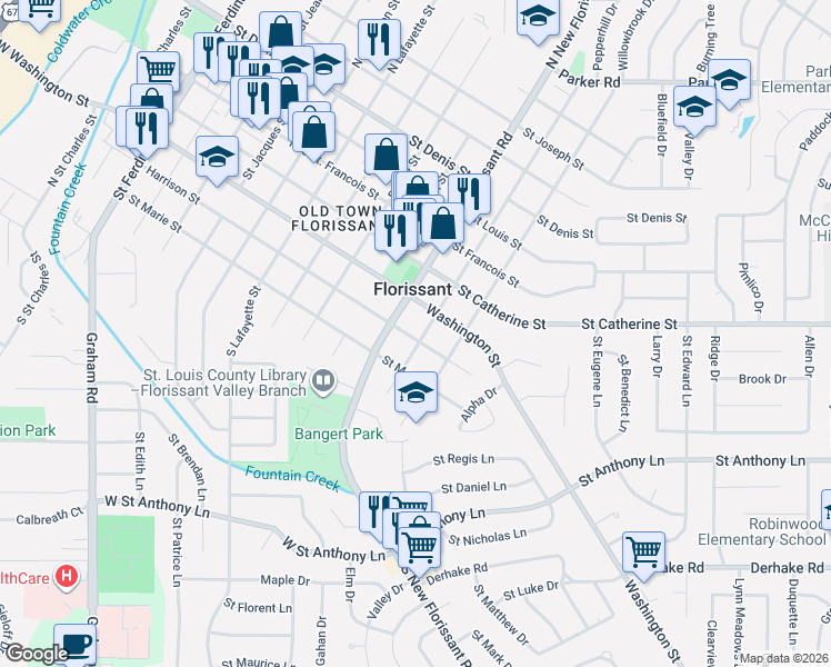 map of restaurants, bars, coffee shops, grocery stores, and more near 305 North Castello Street in Florissant