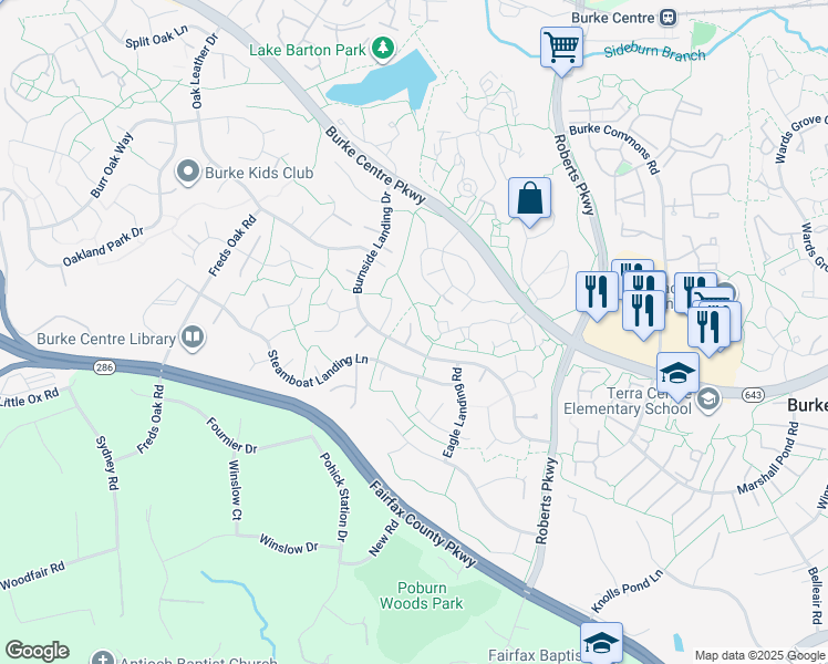 map of restaurants, bars, coffee shops, grocery stores, and more near 6025 Burnside Landing Drive in Burke