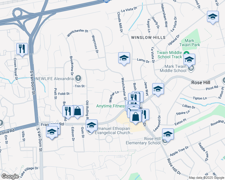 map of restaurants, bars, coffee shops, grocery stores, and more near 6000 Sumner Road in Alexandria