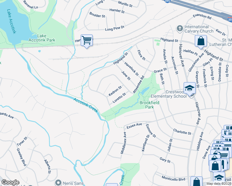map of restaurants, bars, coffee shops, grocery stores, and more near 5957 Kedron Street in Springfield