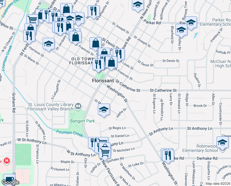 map of restaurants, bars, coffee shops, grocery stores, and more near 1245 Washington Street in Florissant