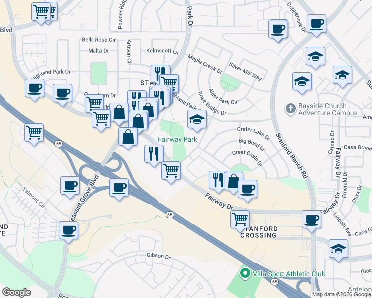 map of restaurants, bars, coffee shops, grocery stores, and more near 750 Central Park Drive in Roseville