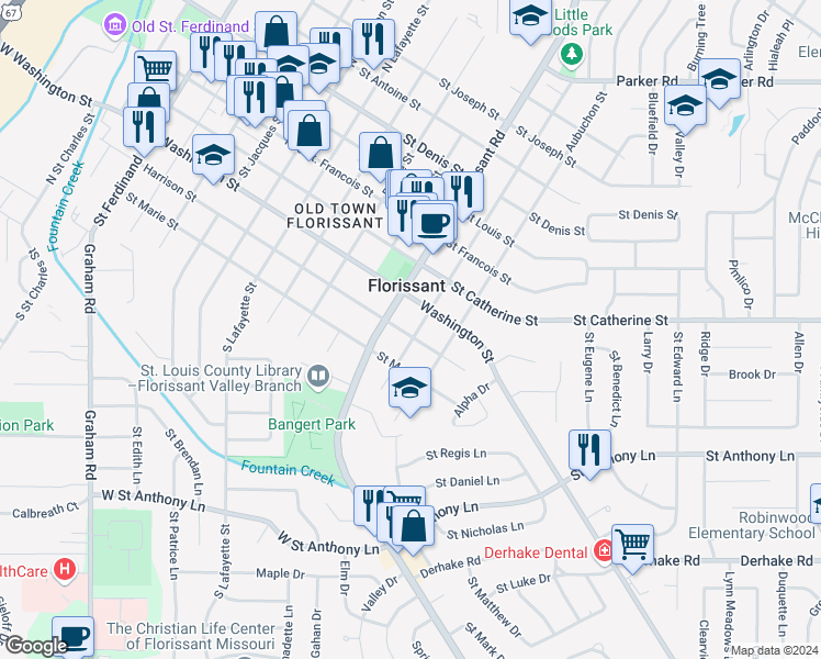 map of restaurants, bars, coffee shops, grocery stores, and more near 305 North Castello Street in Florissant