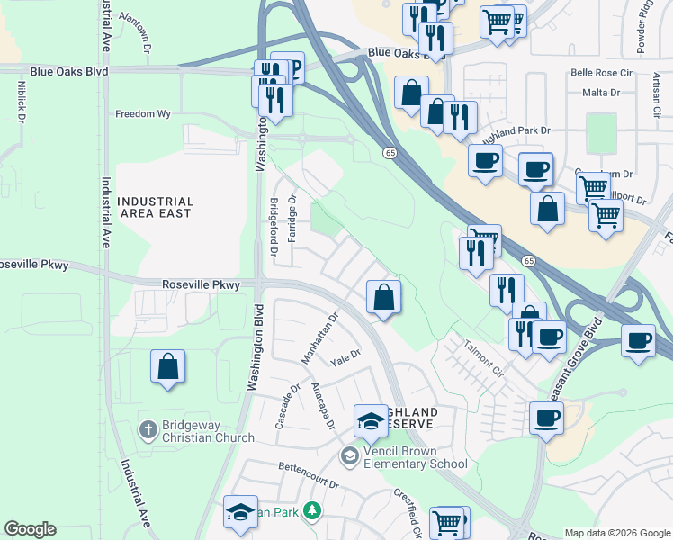 map of restaurants, bars, coffee shops, grocery stores, and more near 678 Cordovan Drive in Roseville