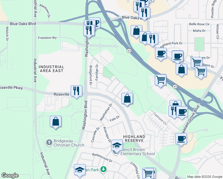 map of restaurants, bars, coffee shops, grocery stores, and more near 678 Cordovan Drive in Roseville
