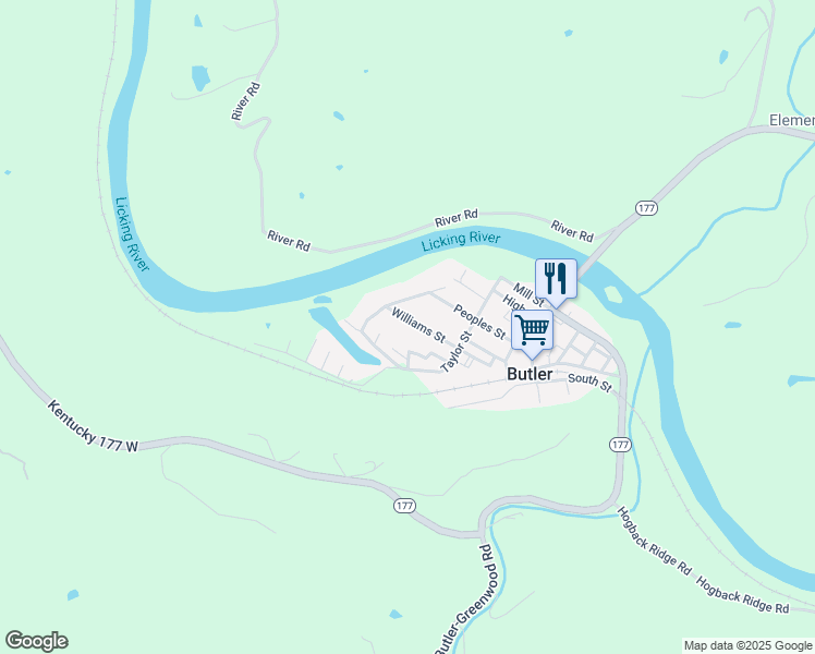 map of restaurants, bars, coffee shops, grocery stores, and more near 100 Williams Street in Butler