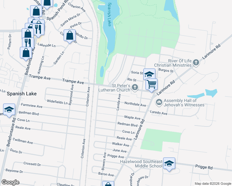 map of restaurants, bars, coffee shops, grocery stores, and more near 1200 Trampe Avenue in St. Louis