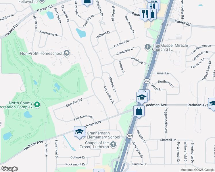 map of restaurants, bars, coffee shops, grocery stores, and more near 11613 Altozano Lane in Florissant
