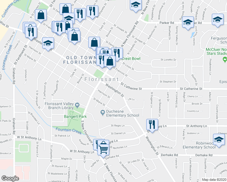 map of restaurants, bars, coffee shops, grocery stores, and more near 1245 Washington Street in Florissant