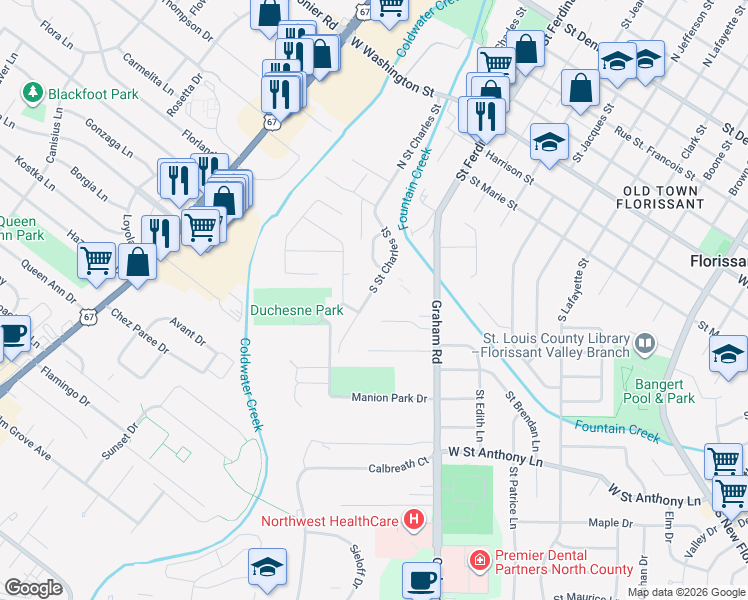 map of restaurants, bars, coffee shops, grocery stores, and more near 290 South Saint Charles Street in Florissant