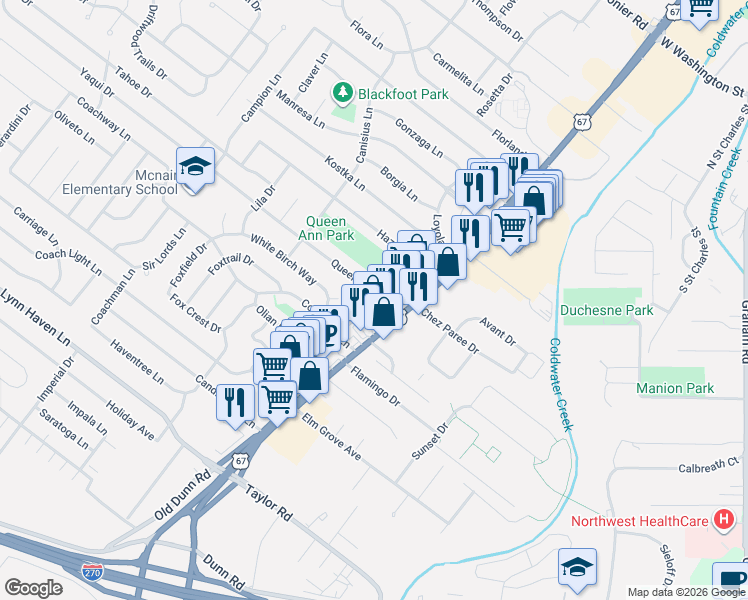 map of restaurants, bars, coffee shops, grocery stores, and more near 13 Queen Ann Drive in Hazelwood