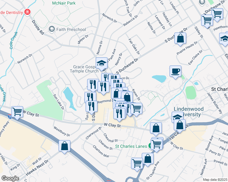 map of restaurants, bars, coffee shops, grocery stores, and more near 2215 Droste Road in Saint Charles