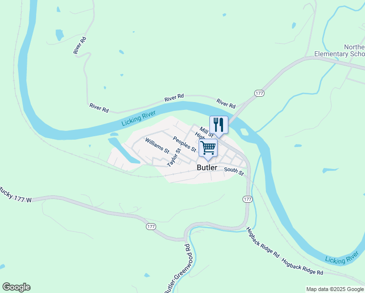 map of restaurants, bars, coffee shops, grocery stores, and more near 118 Taylor Street in Butler
