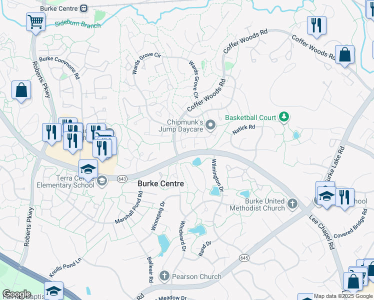 map of restaurants, bars, coffee shops, grocery stores, and more near 9983 Hemlock Woods Lane in Burke