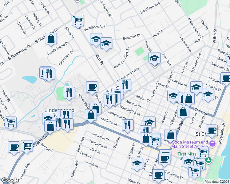 map of restaurants, bars, coffee shops, grocery stores, and more near 220 Lindenwood Avenue in Saint Charles