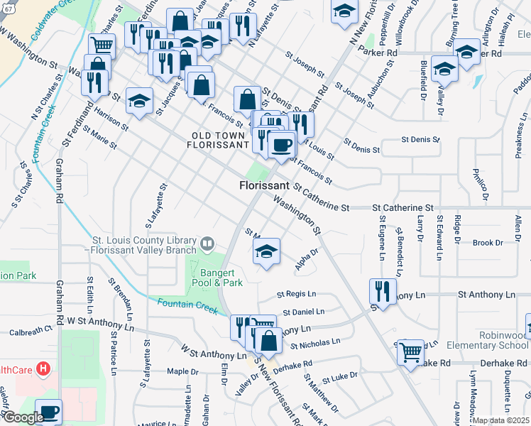 map of restaurants, bars, coffee shops, grocery stores, and more near 305 North Castello Street in Florissant