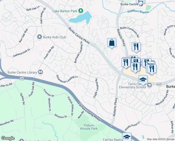 map of restaurants, bars, coffee shops, grocery stores, and more near 6025 Burnside Landing Drive in Burke