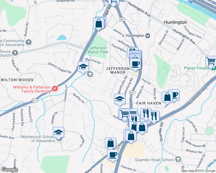map of restaurants, bars, coffee shops, grocery stores, and more near 5955 Edgehill Court in Alexandria