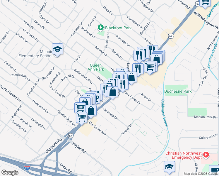 map of restaurants, bars, coffee shops, grocery stores, and more near 13 Queen Ann Drive in Hazelwood