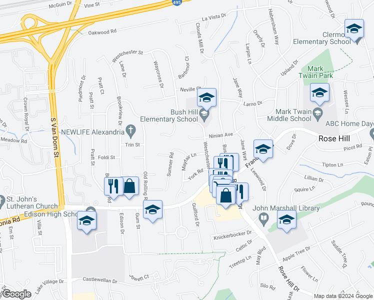 map of restaurants, bars, coffee shops, grocery stores, and more near 6000 Sumner Road in Alexandria