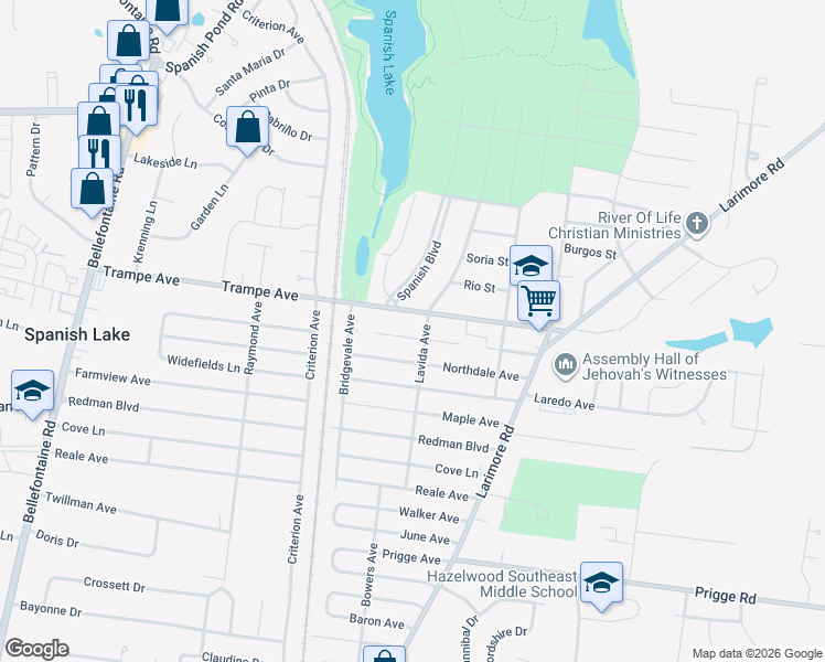 map of restaurants, bars, coffee shops, grocery stores, and more near 1200 Trampe Avenue in St. Louis