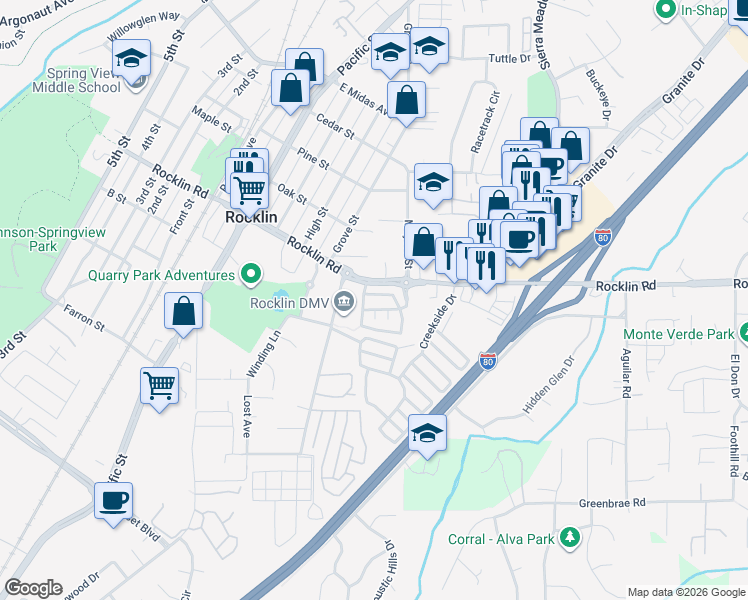 map of restaurants, bars, coffee shops, grocery stores, and more near 4004 Burchard Way in Rocklin