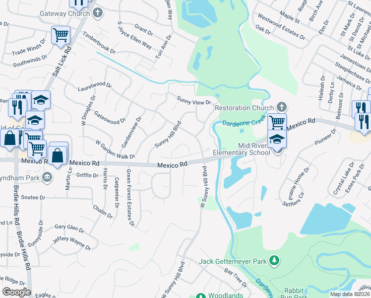 map of restaurants, bars, coffee shops, grocery stores, and more near 5 Horizon Drive in St. Peters