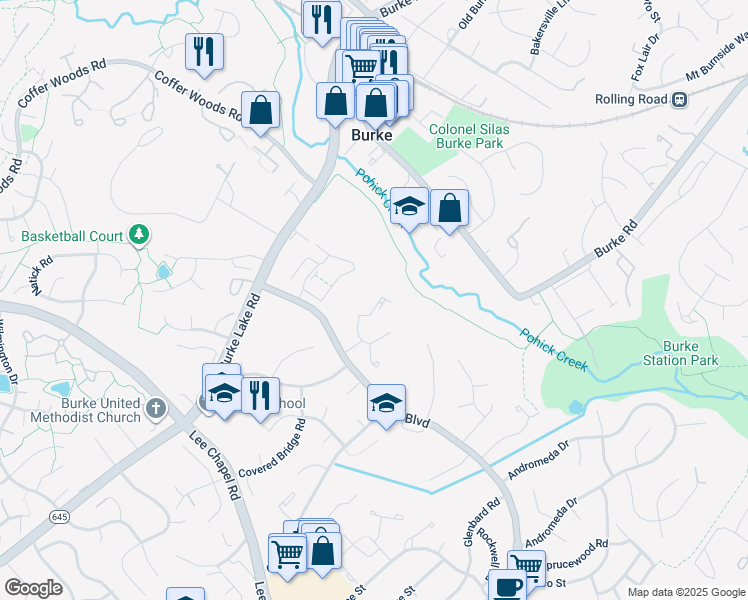 map of restaurants, bars, coffee shops, grocery stores, and more near 6018 Heathwick Court in Burke