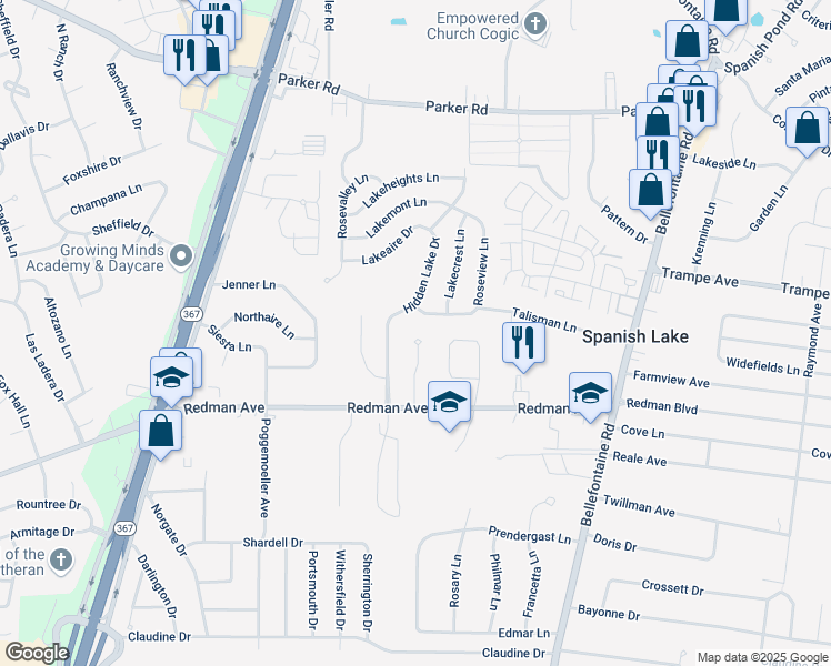 map of restaurants, bars, coffee shops, grocery stores, and more near 11890 Hidden Lake Drive in St. Louis