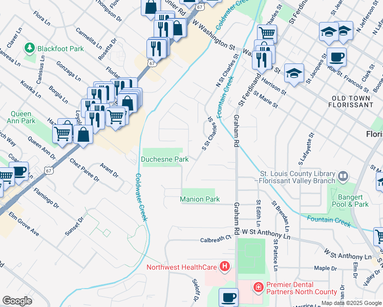 map of restaurants, bars, coffee shops, grocery stores, and more near 115 Brower Drive in Florissant