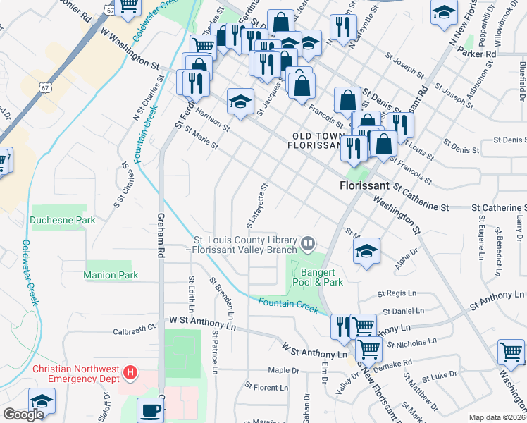 map of restaurants, bars, coffee shops, grocery stores, and more near 130 South Lafayette Street in Florissant