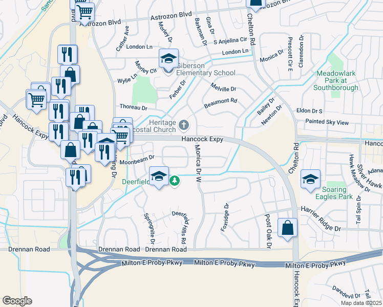 map of restaurants, bars, coffee shops, grocery stores, and more near 4404 Moonbeam Drive in Colorado Springs