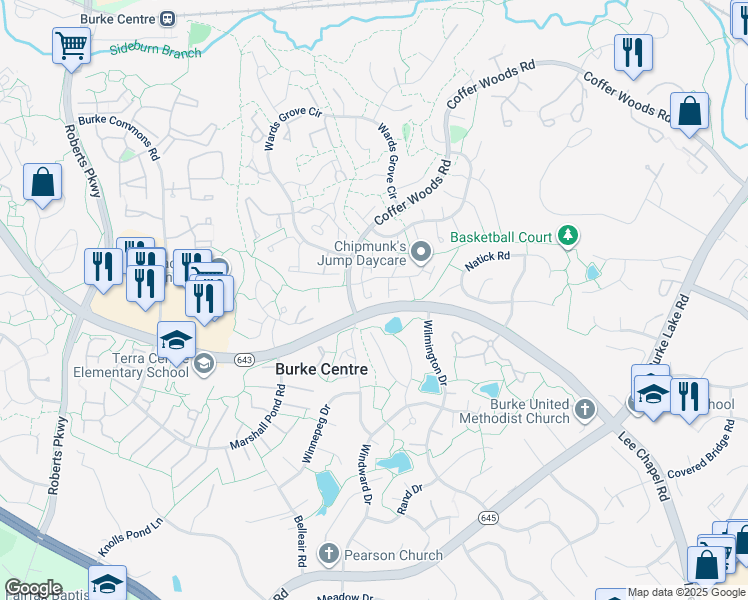 map of restaurants, bars, coffee shops, grocery stores, and more near 9983 Hemlock Woods Lane in Burke