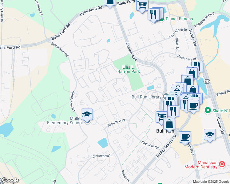 map of restaurants, bars, coffee shops, grocery stores, and more near 11220 Stagestone Way in Manassas