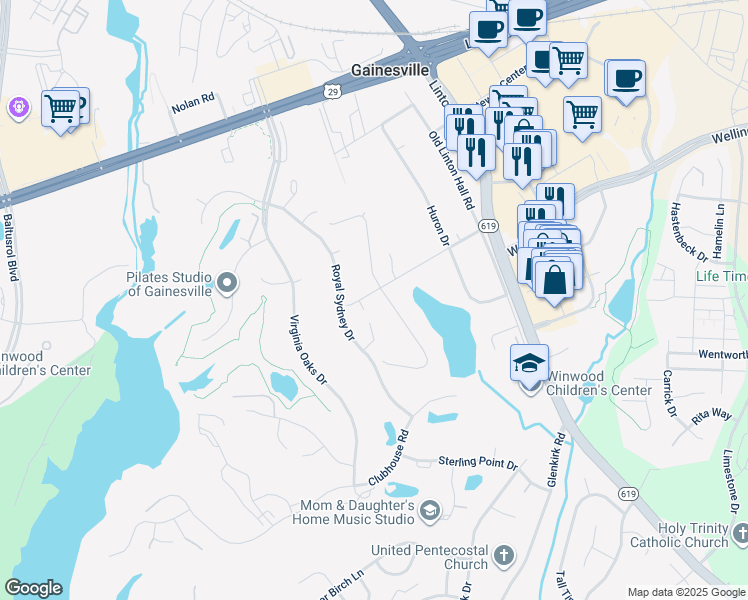 map of restaurants, bars, coffee shops, grocery stores, and more near 7800 Ontario Road in Gainesville