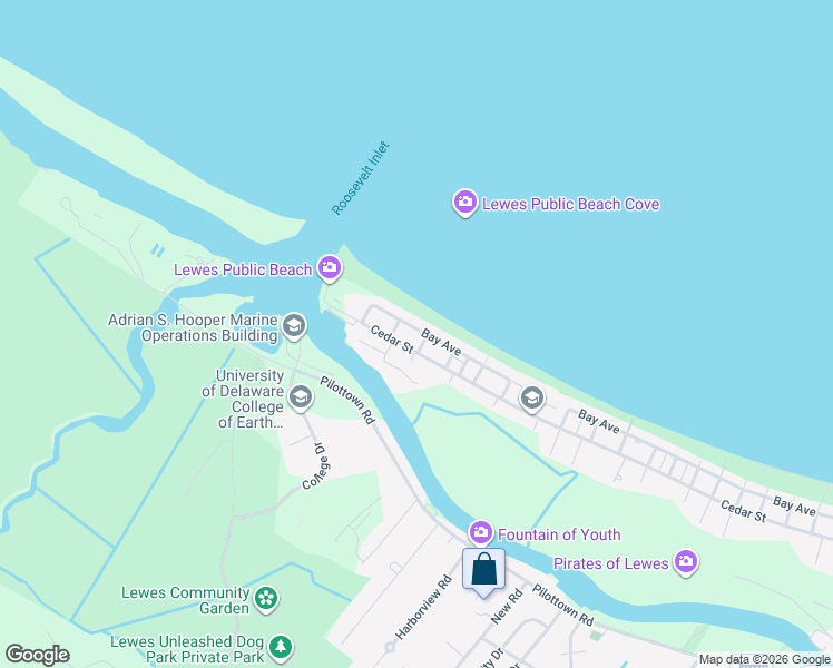 map of restaurants, bars, coffee shops, grocery stores, and more near 2400 Bay Avenue in Lewes