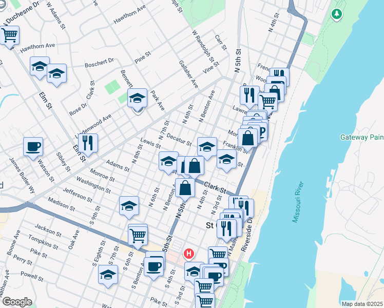 map of restaurants, bars, coffee shops, grocery stores, and more near 631 North Benton Avenue in Saint Charles