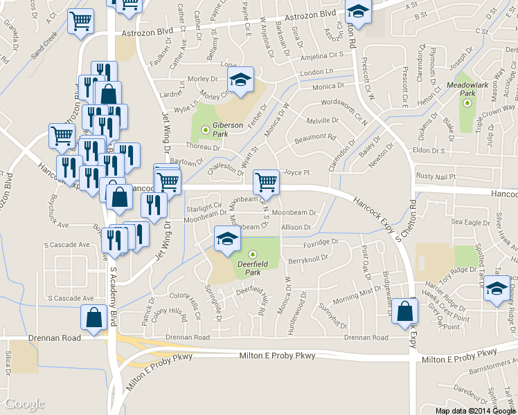 map of restaurants, bars, coffee shops, grocery stores, and more near 3028 Moonbeam Circle North in Colorado Springs
